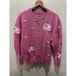 Super Granny Core Barbie Core Homemade Thick Cable Knit Sweater Pink Roses OS